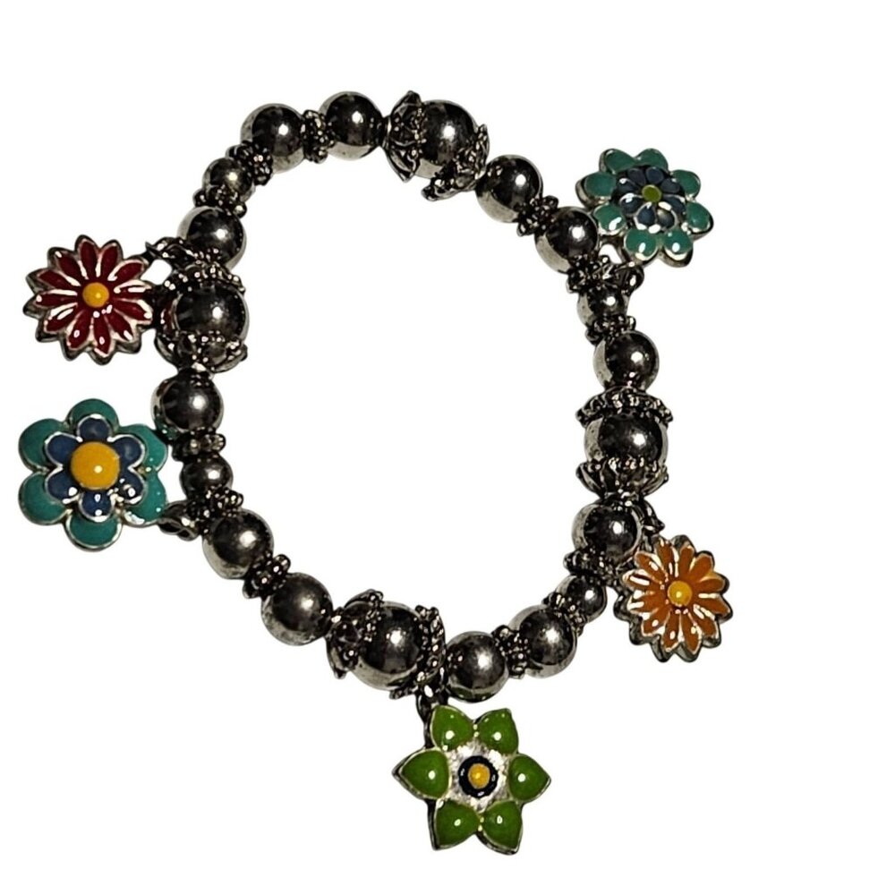 Boho Flower Charm Stretch Beaded Bracelet Silver Accents Enamel Floral Charms